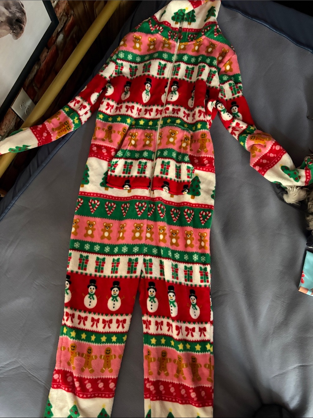 Womens Holiday Printed Fleece Onesie - Red Multi